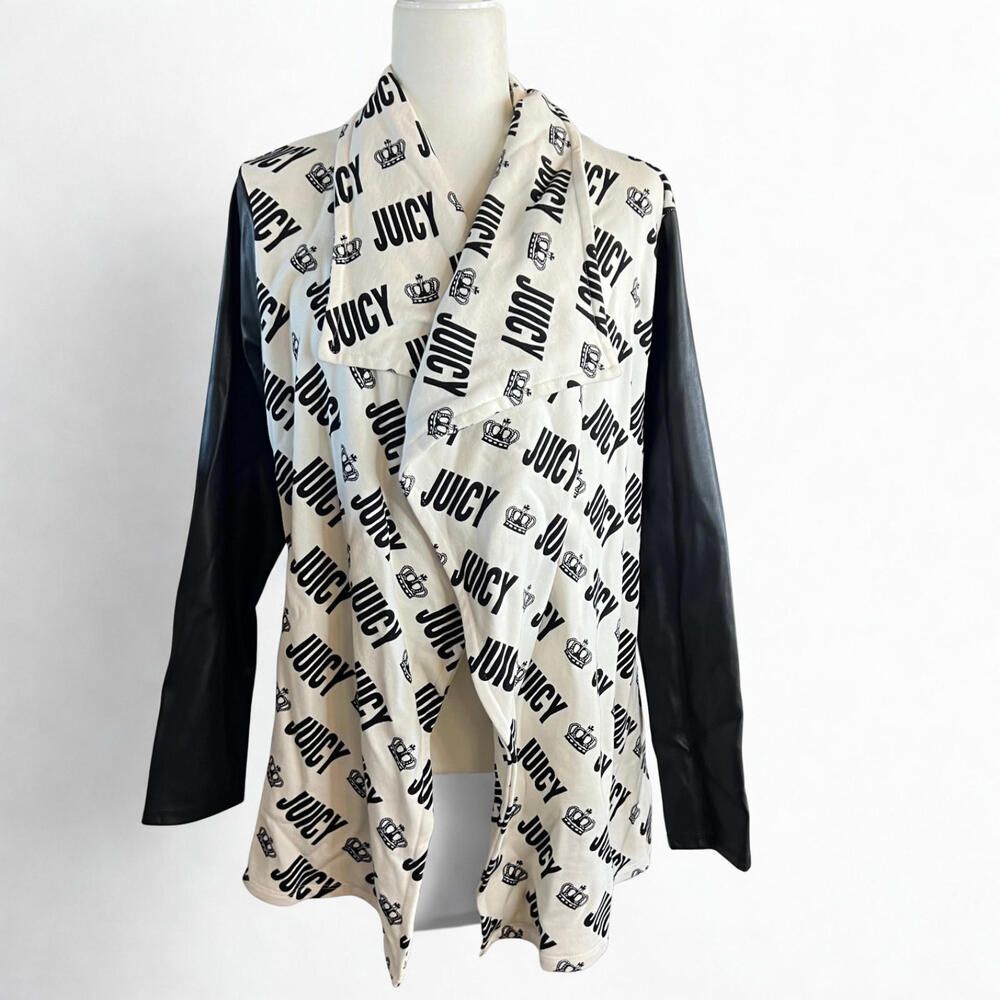 Juicy by Juicy Couture Women’s Large Logo Drape Cardigan Faux Leather Sleeves - Picture 2 of 8